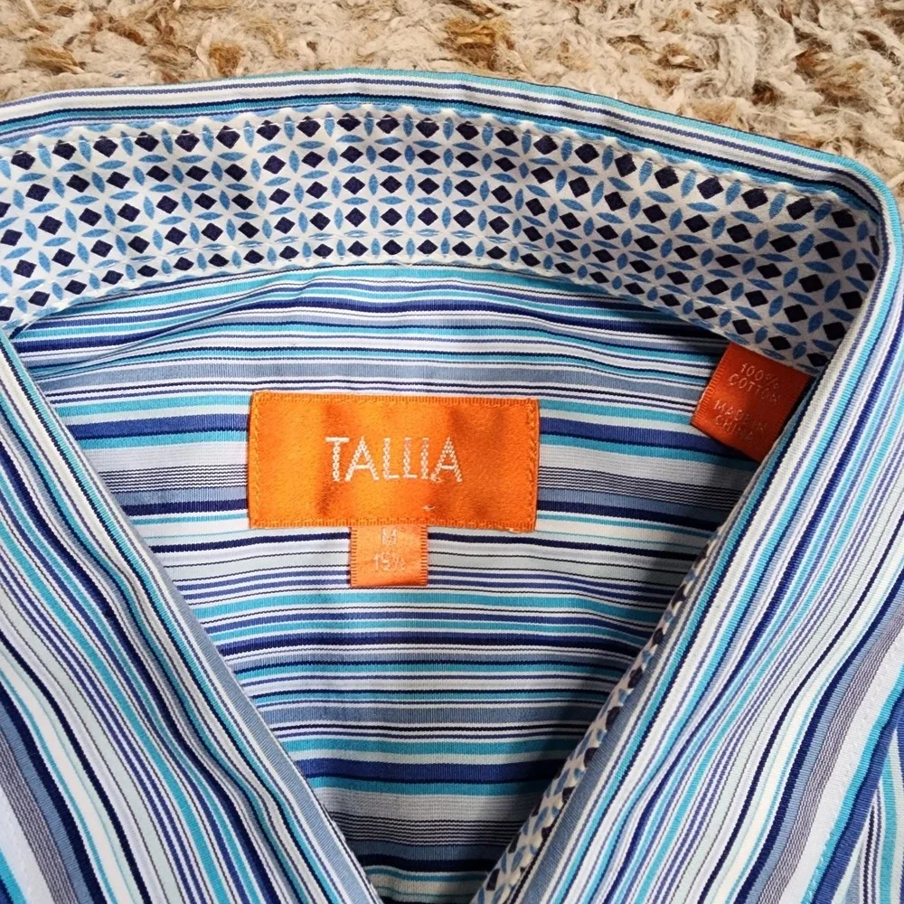 Tallia Blue Purple Striped Men Sz M 15.5 Long Sleeve Button‎ Up Dress Shirt
